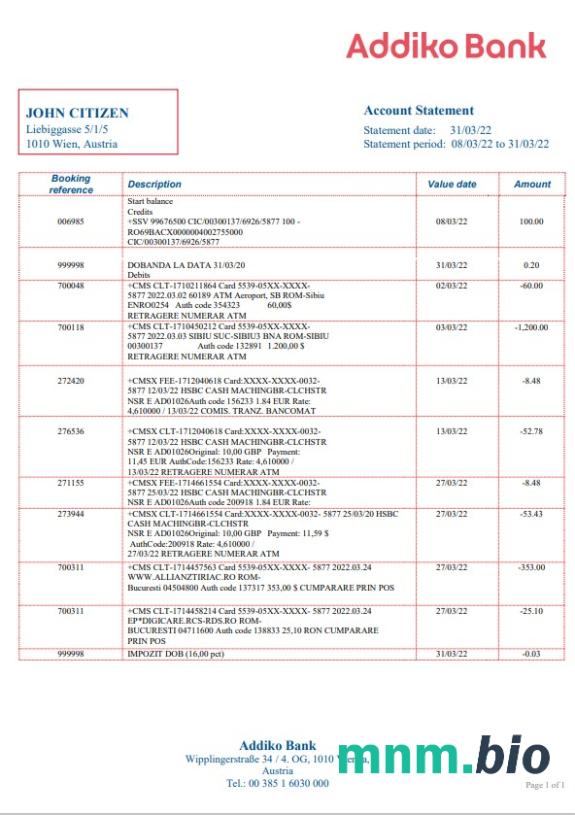 Austria Addiko Bank szablon wyciągu bankowego w programie Word i PDF